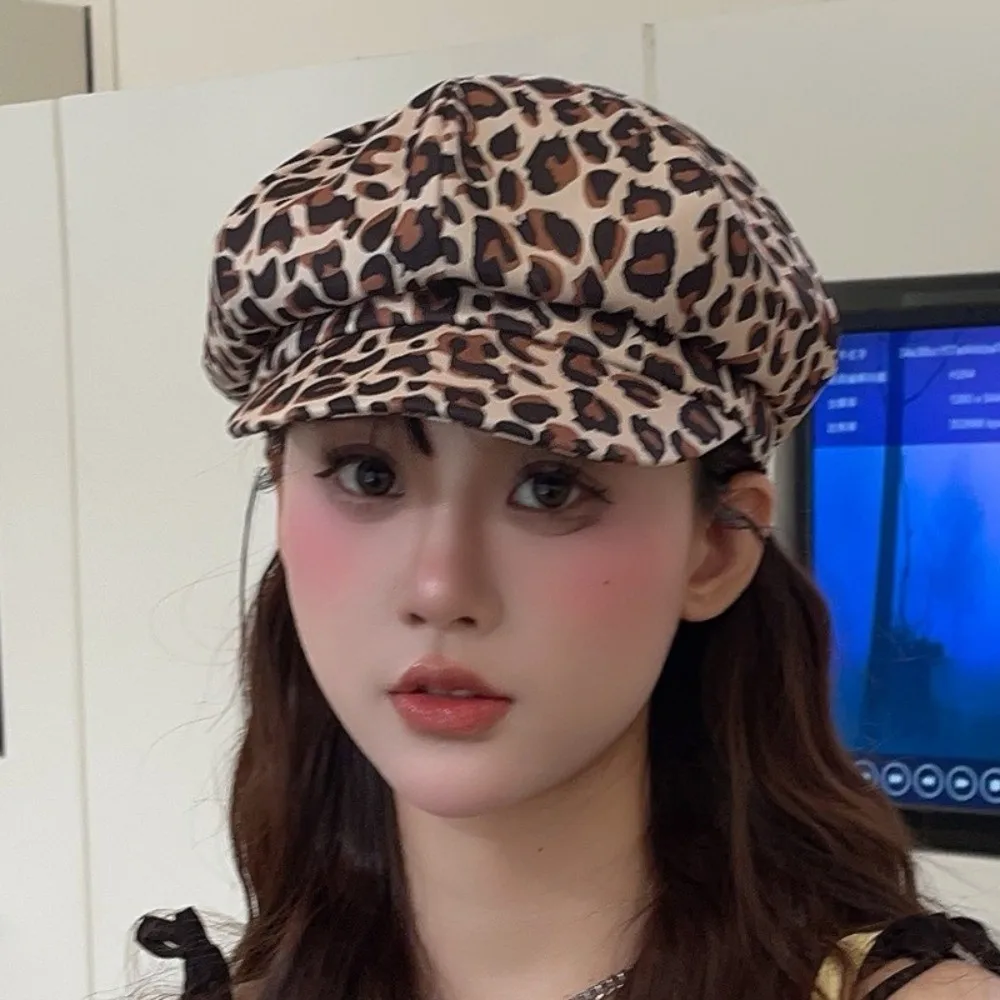 かわいいスポットヒョウ柄八角帽子ポリエステル Y2K ペインターハット英国韓国スタイル女性ベレー帽旅行