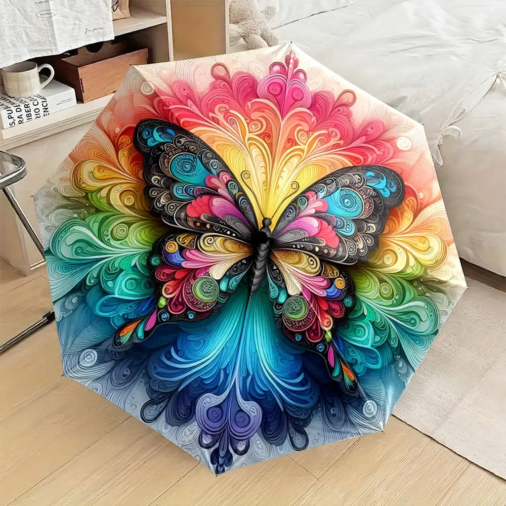 

Open/Close Butterfly Rainbow Gradient Umbrella - 8-Rib Compact Folding Umbrella with Swirling Multicolor Wings (Pink/Yellow/Pu