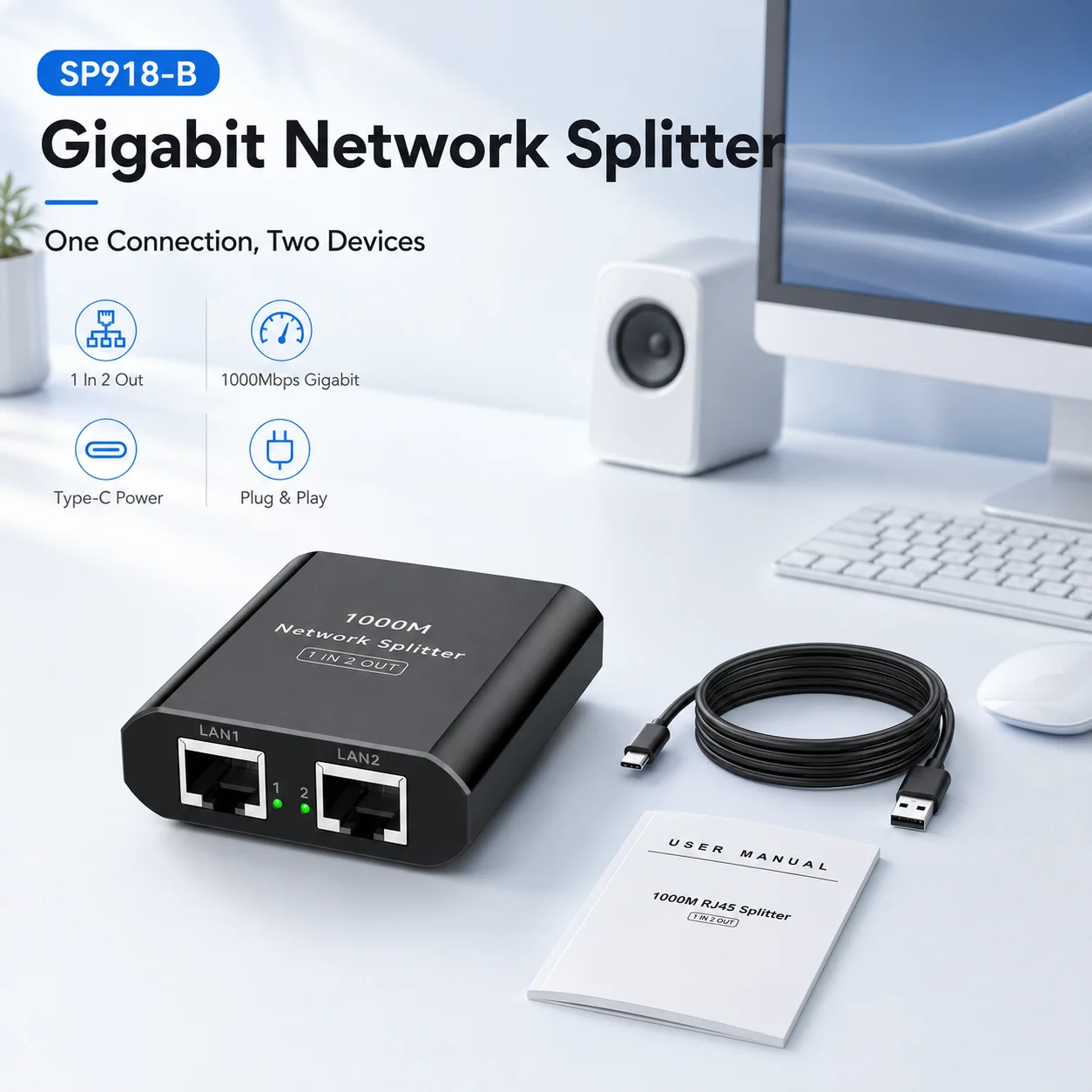 1-to-2 Gigabit Ethernet Splitter 1000Mbps, RJ45 Network Switcher Hub Type-C Powered for 2 Device Sharing JCYMELE