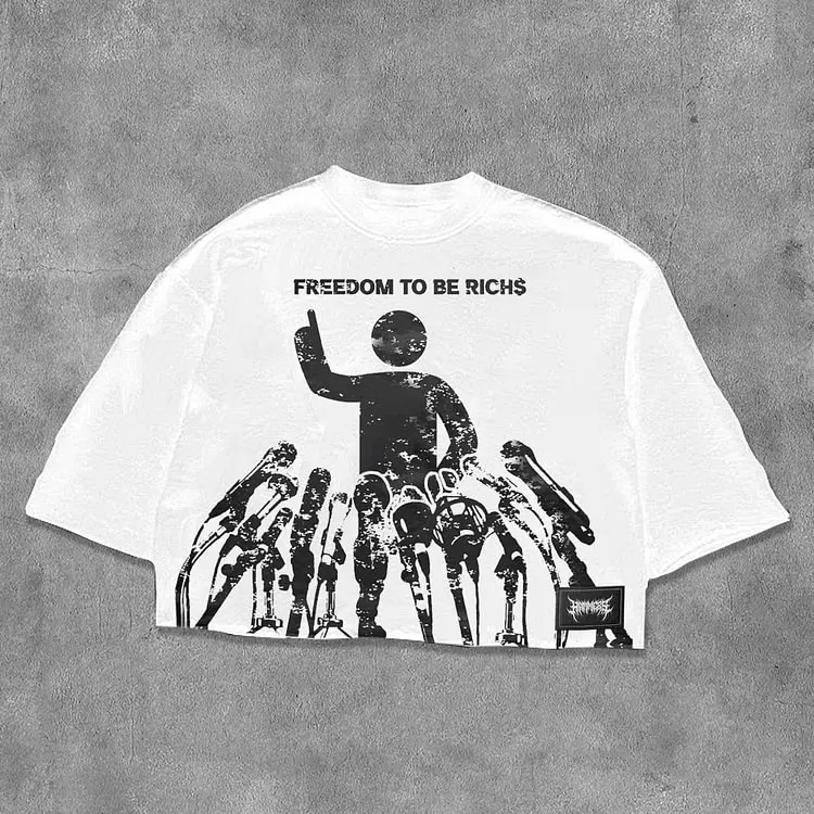 Freedom To Be Rich Graphics Cotton Cropped T-Shirts Men Y2K Summer Short Sleeves Vintage Oversize Tshirt Streetwear Women Tops