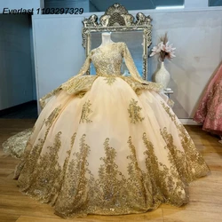 EVLAST Customized Champagne Quinceanera Dress Ball Gown Gold Lace Applique Beaded Tiered Sweet 16 Vestido De 15 Anos TQD989