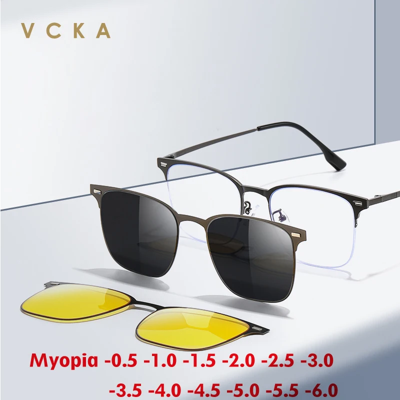 

VCKA 3 in 1 Half Frame Polarized Myopia Sunglasses Men Magnetic Clip Prescription Anti-blue light Custom Glasses -0.5 to -6.0