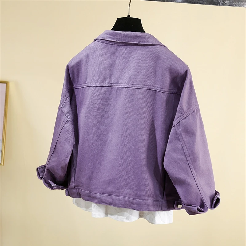 2024 Spring Autumn Purple Denim Jackets Short Women\'s Coat Pockets Single Breasted Long Sleeve Loose Solid Female Outwear Trend