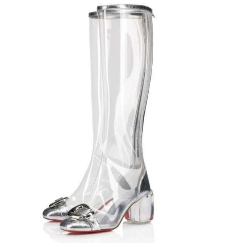 

European AndAmerican Sexytransparent Thickhigh-heeled Kneehigh Stagefashion Walkingbootswomen'sbelt Buckledecorative Zippershoes