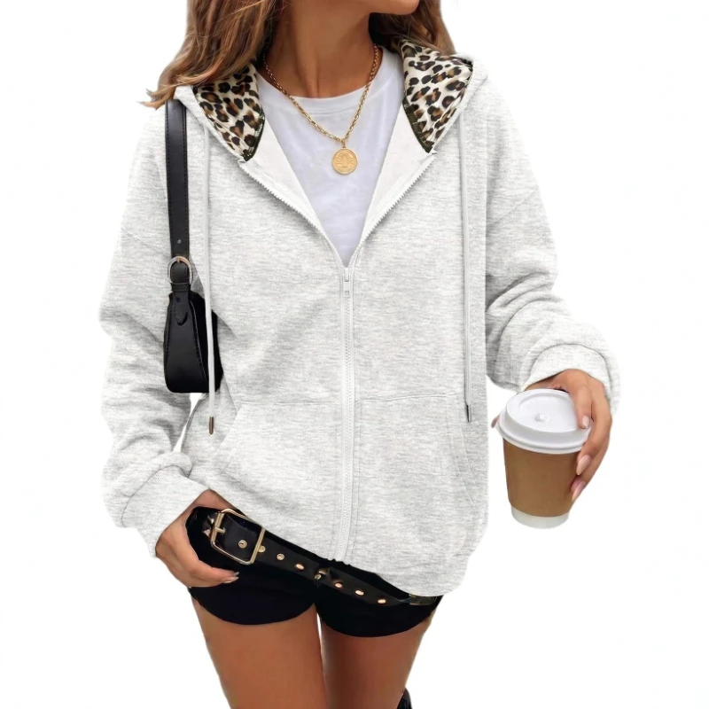 2026 Autumn and Winter New Hot Selling Zipper Hooded Long Sleeved Patchwork Leopard Print Hoodie for Women