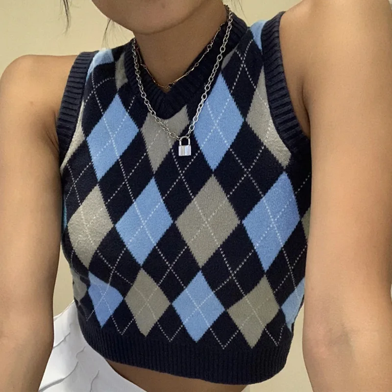 New spring autumn women\'s solid color plaid folded wear sweater sleeveless V-neck knitted vest