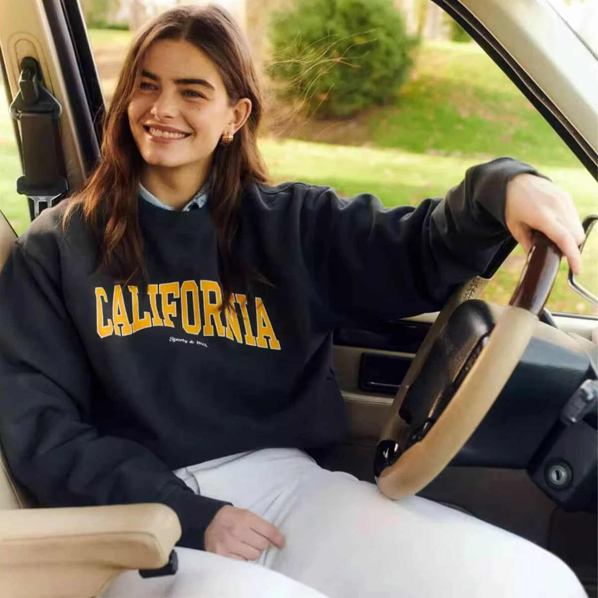 

California Letters Printing Vintage Style Black Oversize Crewneck Sweatshirts Women Autumn Street Fashion Cotton Casual Pullover