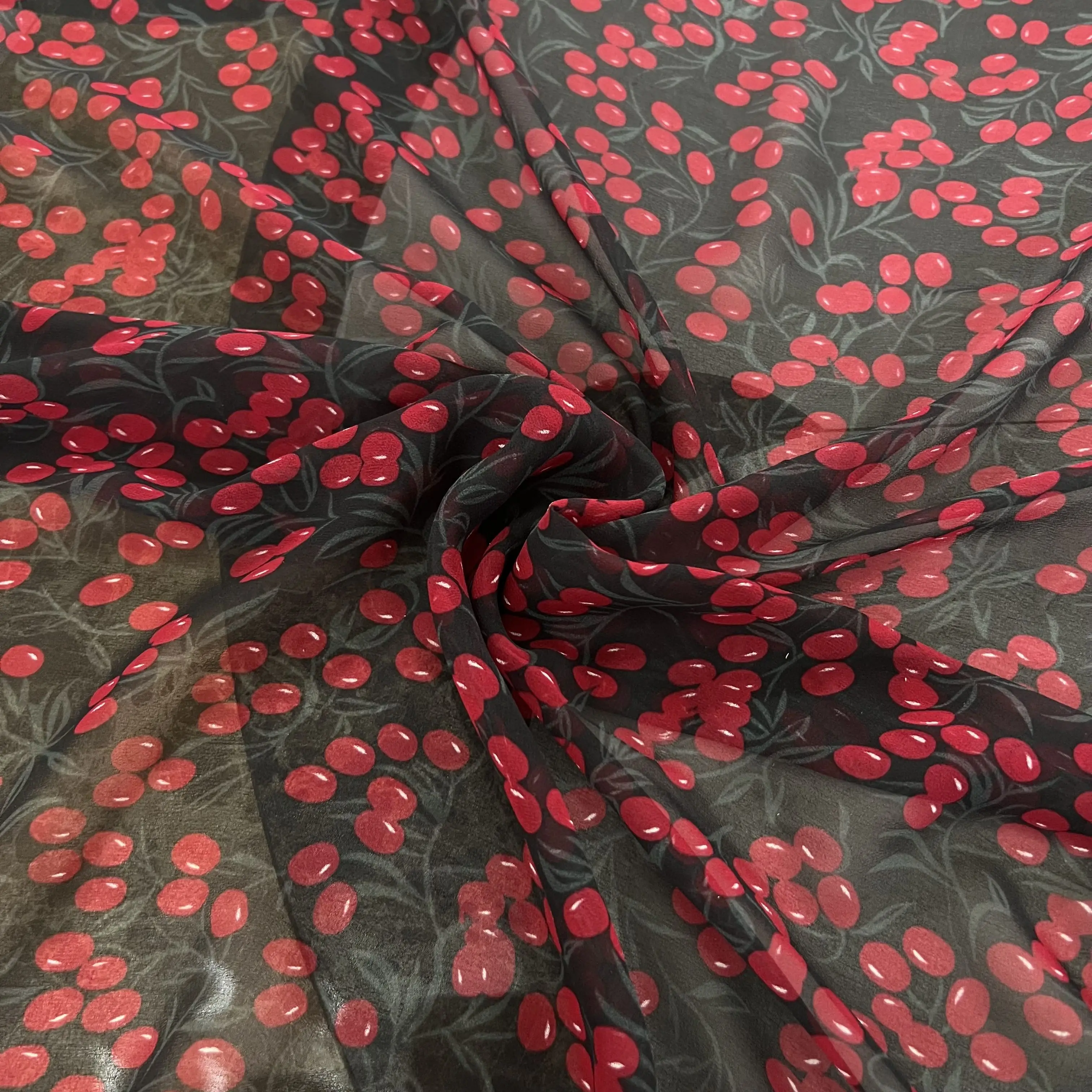 

1 meter 100% Mulberry Silk 12 Momme Thin Georgette Silk Fabric Black with Red Cherry Printed 138cm 54" wide by the yard XX317