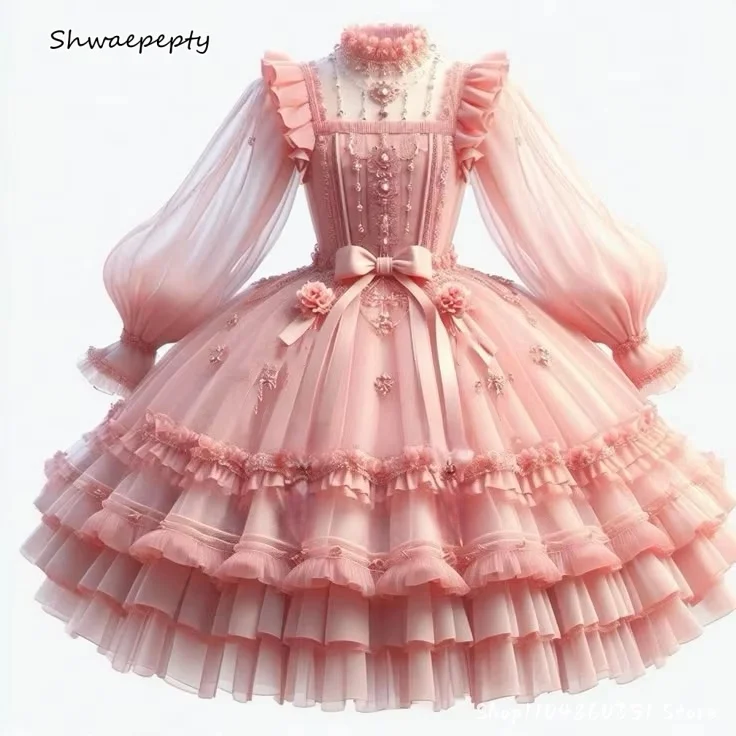Puffy Ballkleid, Lolita-Abschlussballkleid, knielang, Rüschen, lange Ärmel, Cosplay-Partykostüm, Rüschen-Maskeradekleid, maßgeschneidert
