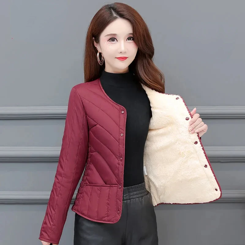 Winter Down Padded Jacket Women's Inner Short Mother's Wear Velvet Thickening Middle-Aged Elderly Mom Wear Pocket Jacket Pink