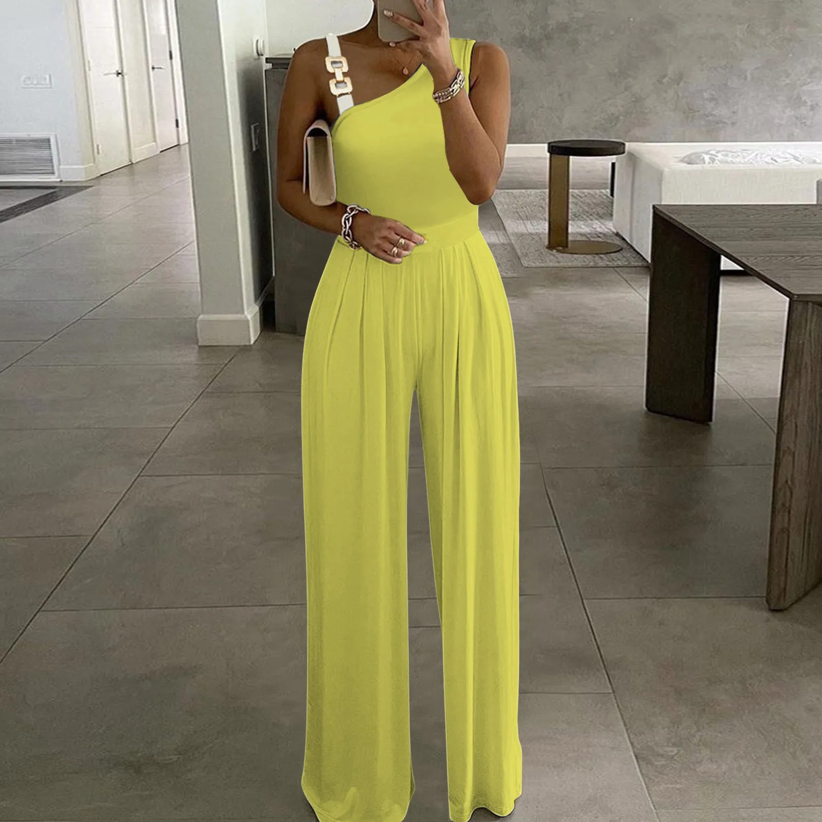 

Solid Jumpsuit Women 2024 Fashion New Casual Single Shoulder Slim Fit Sleeveless Wide Leg Jumpsuits Elegant Female Commuting