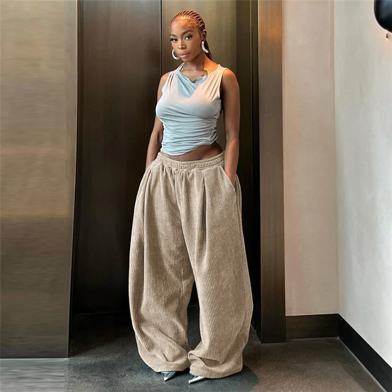 

Weird Puss Y2K Casual Wide-Leg Pants Women Autumn Loose Simple Basic Pocket High Waist Trousers Corduroy Streetwear Long Bottoms