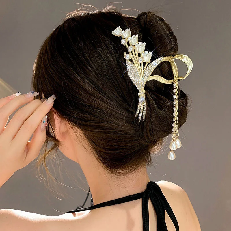 Strass Perle Quaste Haar Klaue Für Frauen Mädchen Elegante Pferdeschwanz Haar Clip Mode Haar Zubehör Exquisite Shark Clip Geschenke – Detail 3