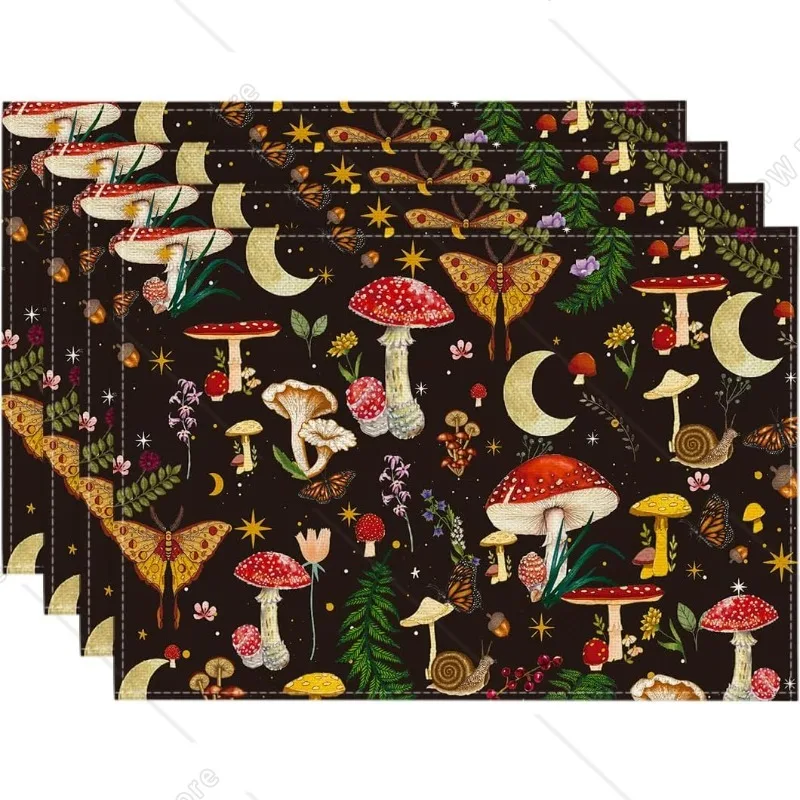 

4Pcs Black Modern Mushroom Placemats Seasonal Linen 30*45cm Table Mats for Halloween Party Kitchen Dining Decoration