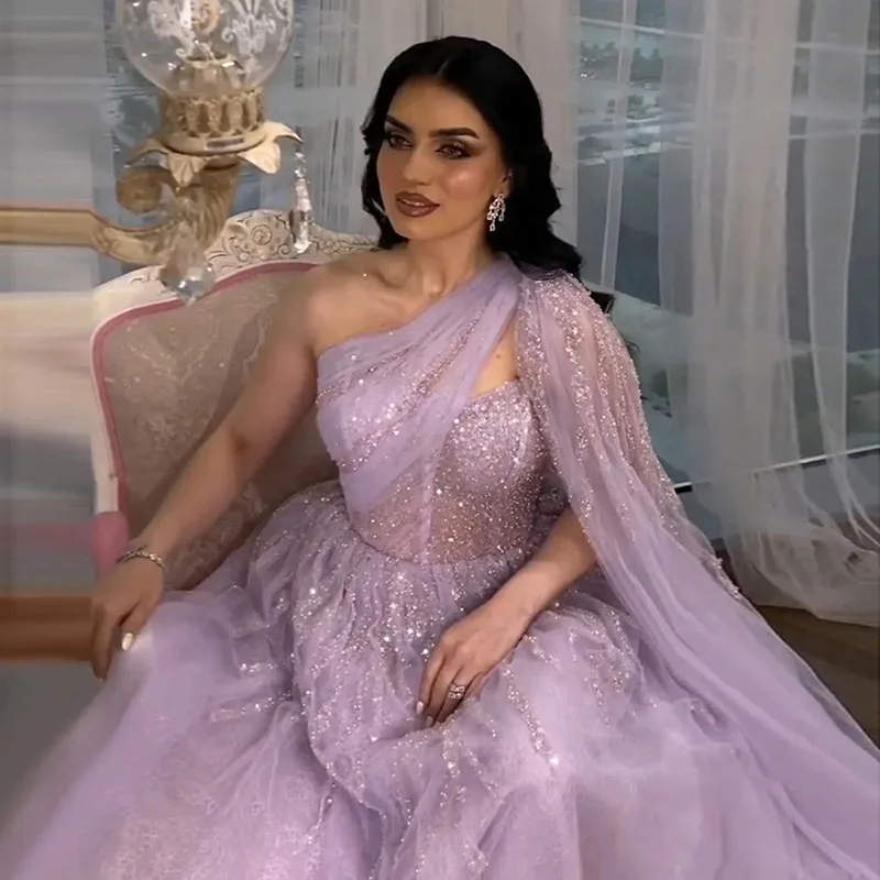 

LAYXHS Luxury Lilac Evening Dresses One Shoulder Shiny Beaded A-Line Dubai Prom Dresses Customized فساتين سهرة