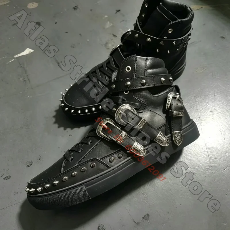 Women/Men White Leather High Top Studded Sneakers Multi Buckle Straps Lace Up Rivet Trim Punk Rock Street Fashion Flat Shoes