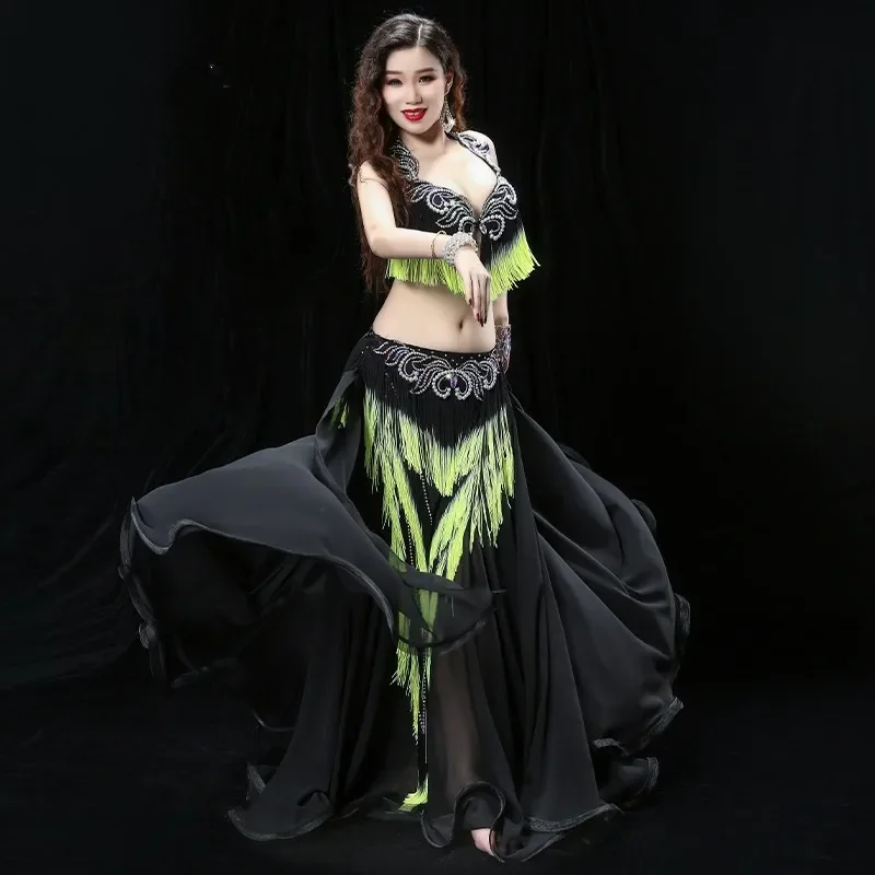 Heavy Tassel Belly Dance Performance Costume Drum Oriental Dance Outfit Bra Skirt Competition Skirt Contrast Color For Women