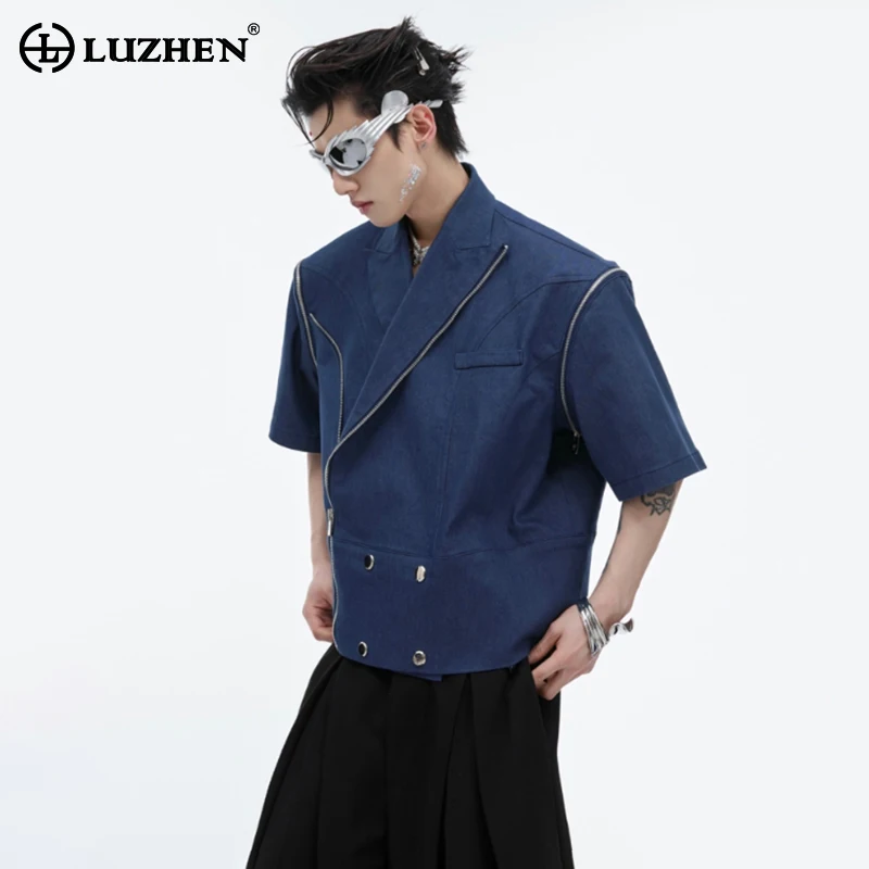 

LUZHEN High Street Fashion Short Sleeve Detachable Sleeveless Design Tops Men's Trendy 2024 Summer Zipper Denim Tank Tops LZ4035