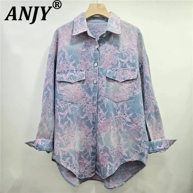 

ANJY Autumn Winter New Women Fashion Embroidered Elegant Long Sleeve Denim Shirt Jacket Trendy Loose Studded Diamonds Top A17565
