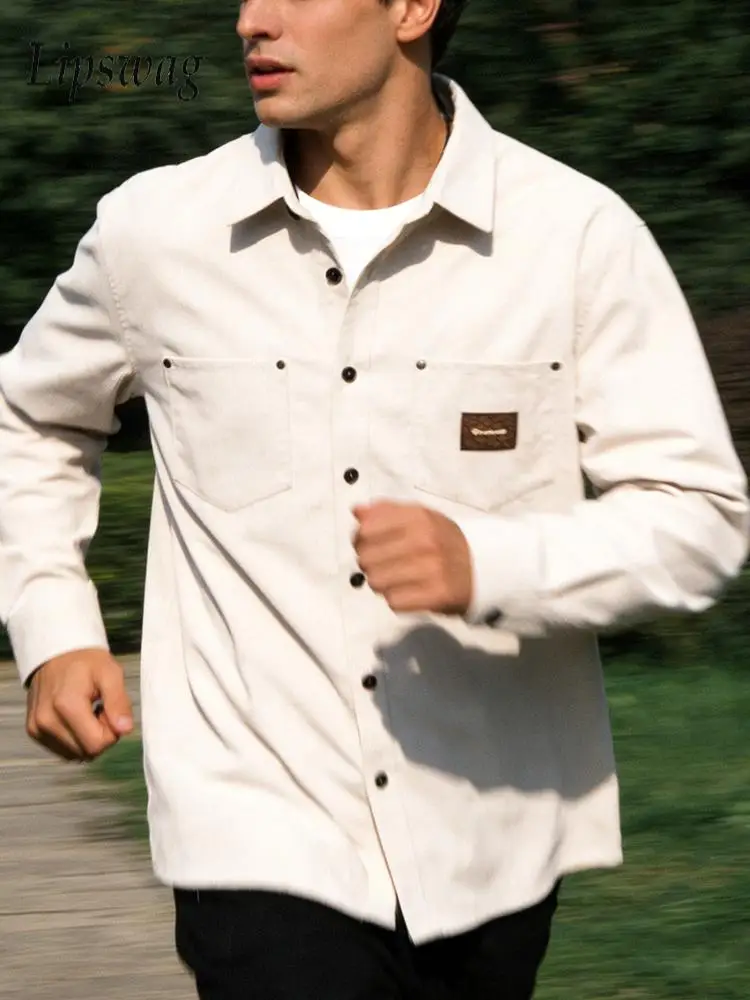 

Fashion Solid Color Corduroy Shirt Jacket Mens 2026 Spring Autumn Trendy Buttoned Lapel Jackets Vintage Men Long Sleeve Cardigan