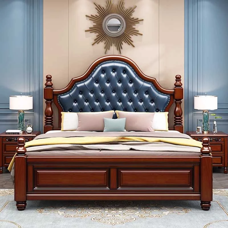 

Glamorous European Double Bed Waterproof Villa Wood Headboard Twin Bed Frame Safe Sleeping Letto Matrimoniale Nordic Furniture