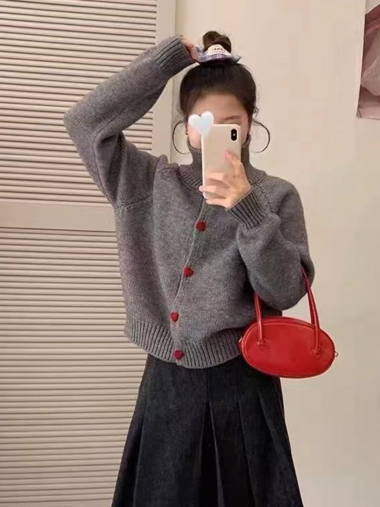Figure Flattering Design Outerwear Korean Collared Knit Women Cardigan 2026 Autumn Winter Solid Soft Heart Buttons Loose Sweater