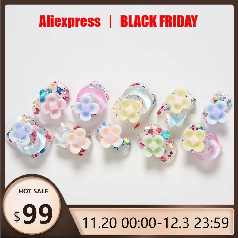 

10pcs Y2K Handmade Press On Nails Pink Gradient Fake Nails With 3D Crystal Star Moon Rhinestone Design Glossy Short False Nails