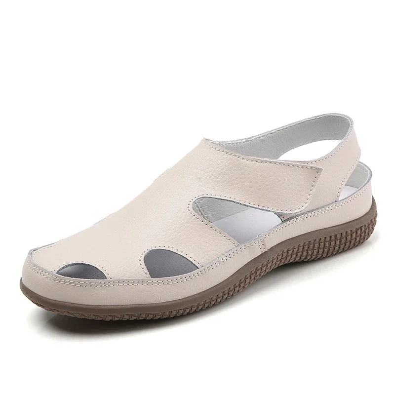 Sandales d\'été en cuir véritable pour femmes, confortables, rondes, creuses, à semelle souple