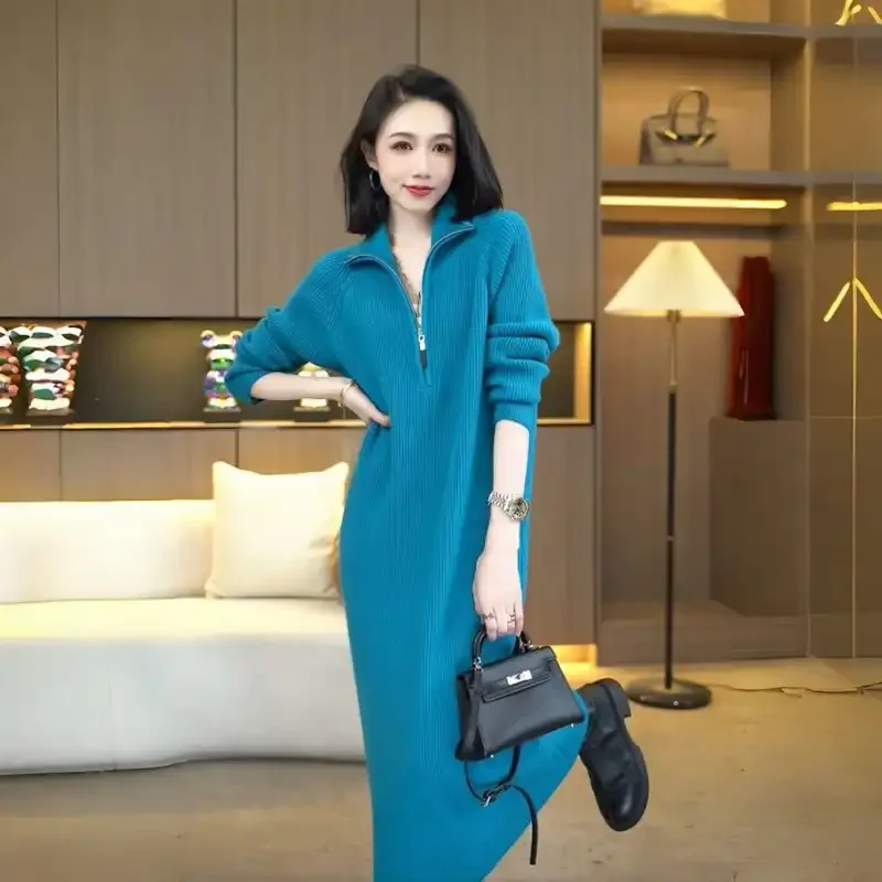 Moda feminina gola zip malha vestido casual outono inverno versátil camada base coreano solto vestido longo