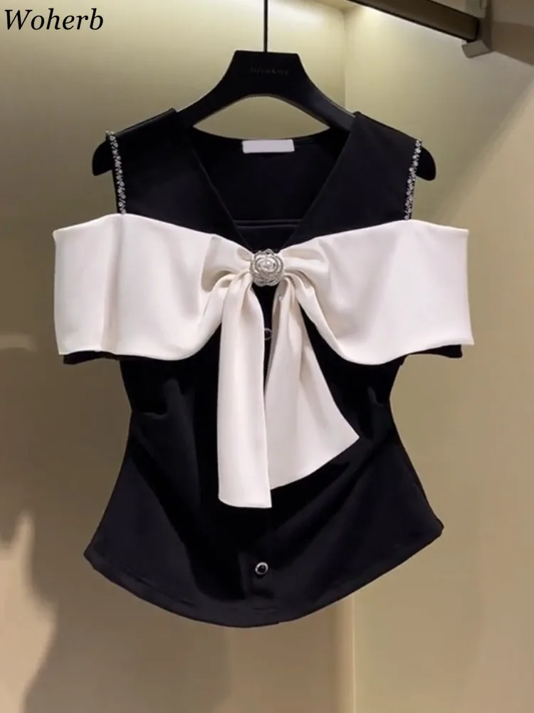 2025 camisas para mulheres contraste cor arco tshirt moda diamante y2k topos camisetas ropa mujer coreano novo fora do ombro verão t