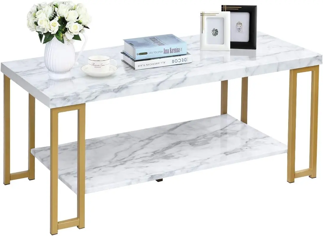 

Rectangular Coffee Table, 2-Tier Center Table W/Faux Marble Tabletop, Morden Accent Table W/Gold Print Metal Frame & Hollow