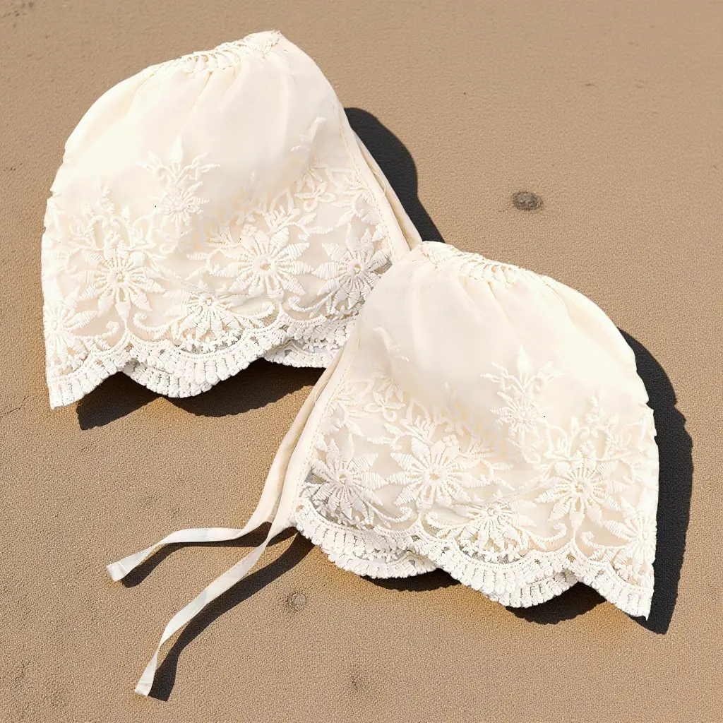 

2Pcs Princess Bonnet for Baby Girl Newborn Lace Christening Hat Elegant Breathable Design Soft Comfortable Fit Spring Summer