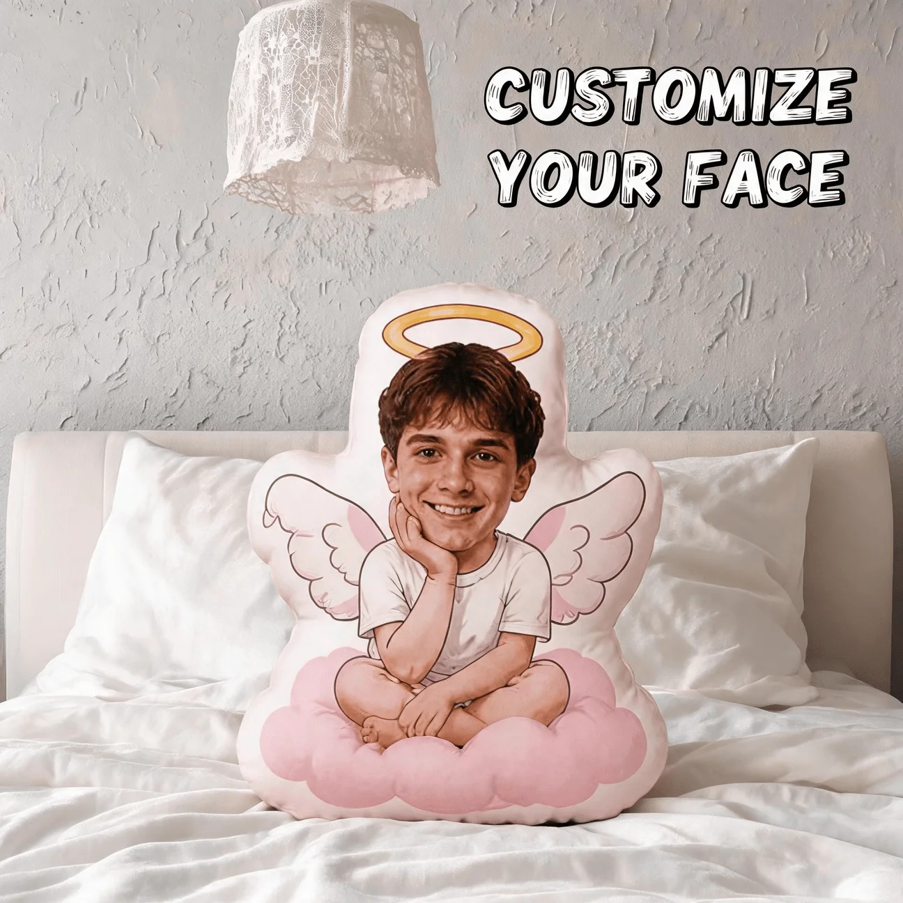 Custom Angel Photo Shaped Pillow, Personalized Smiling Face with Wings And Halo Decorative Cushion, 70CM Home Decor Accent for S