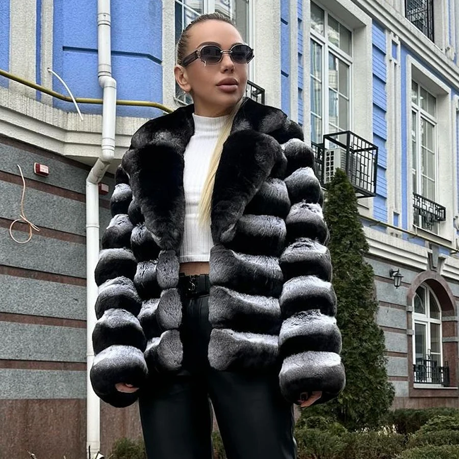 

Real Rabbit Fur Jacket With Turndown Collar Chinchilla Rex Rabbit Fur Coats Womens Rabbit Coat Fashion