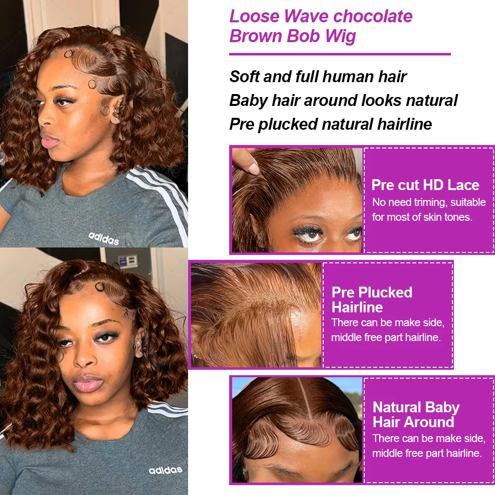 Wig Rambut Manusia Jerry Kinky Curly Cokelat Coklat Tua Tanpa Lem # Wig Frontal Lace HD 13x4 Deep Wave 4 Warna untuk Wanita, Kepadatan 250%