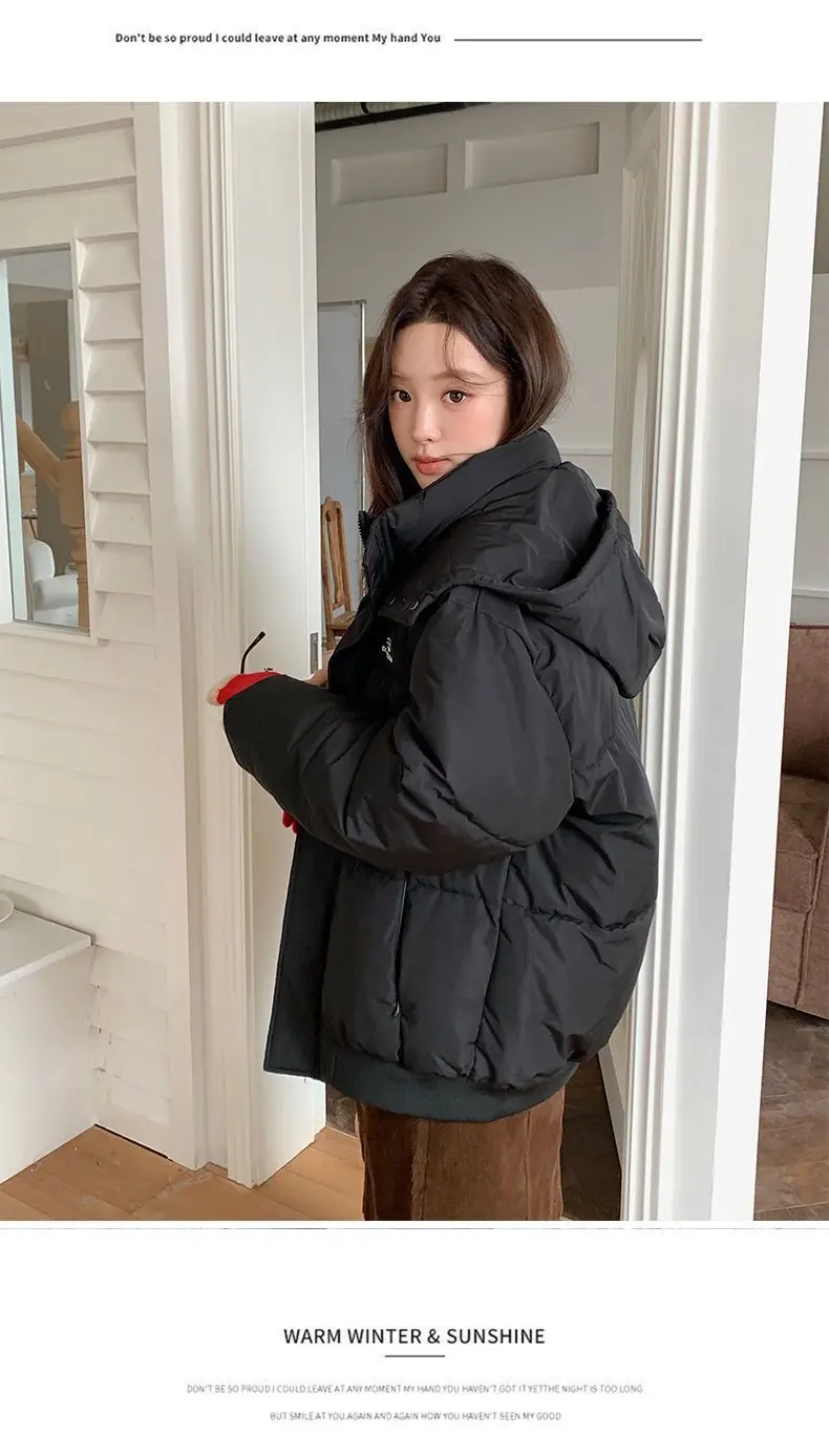 Korean Style Thickened Puffer Jacket for Women Loose Fit Warm Padded Coat Students Winter Solid Color All Match Hooded Parkas