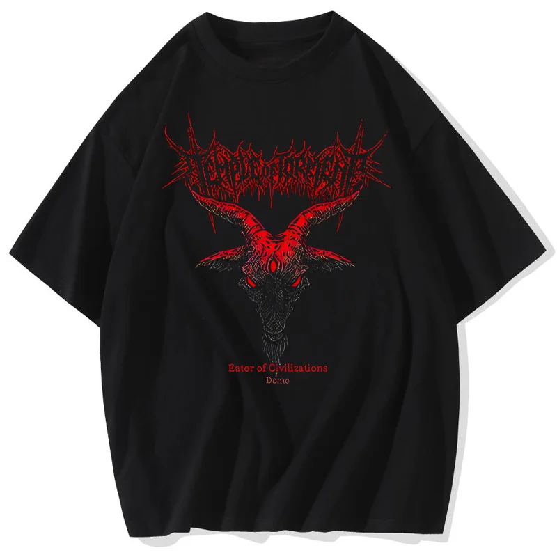 Hip Hop Punk Men T Shirt Dark y2k Sheep Head Thorns Short Sleeve T-shirt Female Harajuku loose Plus Size Streetwear Cotton Tops