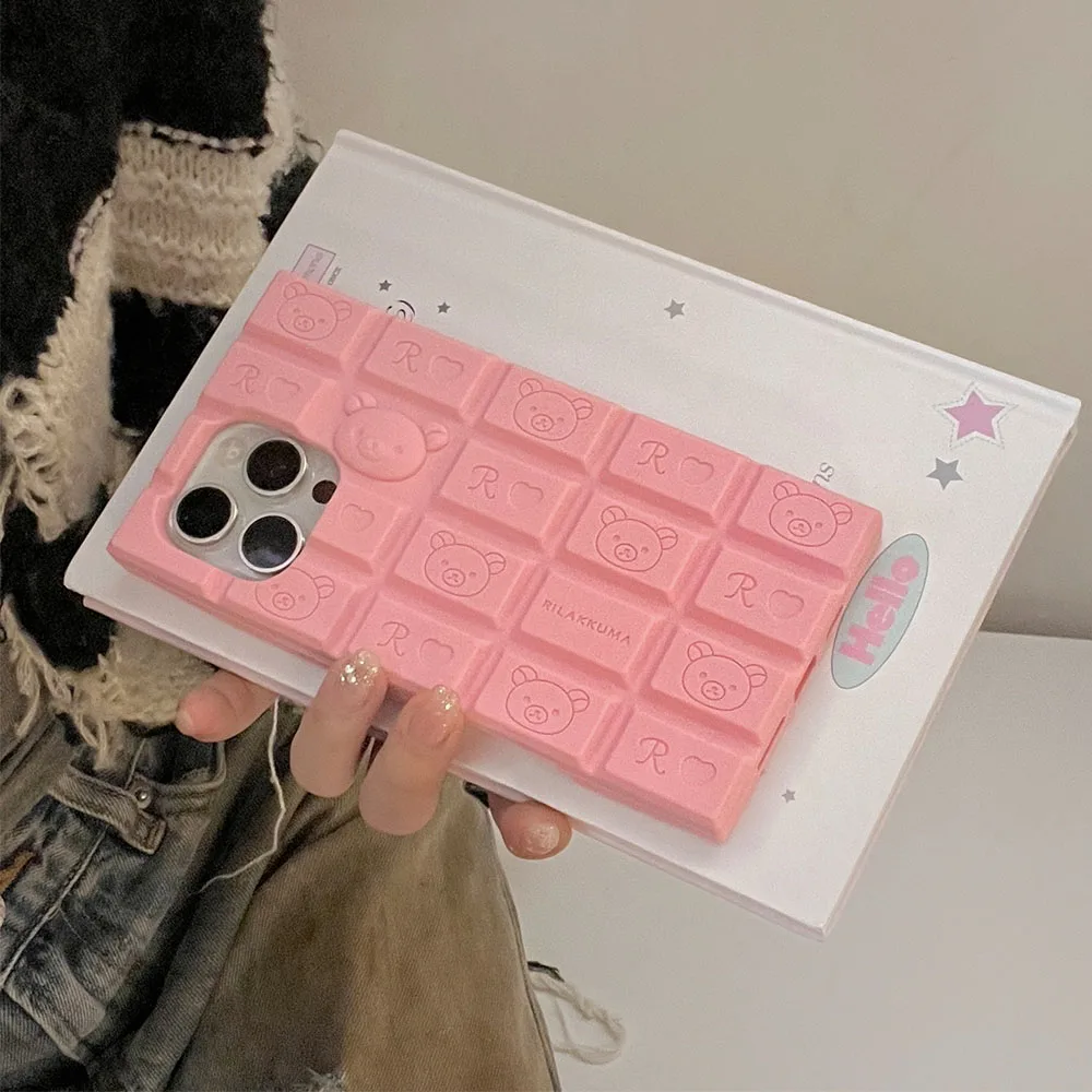 Creative Cartoon 3D Chocolate Rilakkuma Phone Case For iphone 16 Pro Max 15 14 Plus 13 12 Pro Max Funny Soft Silicone Cover