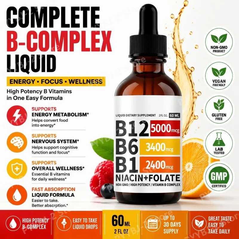 Gotas Líquidas de Vitamina B12 60ml Sabor Frambuesa con Vitamina B6+B1 Etc. Multivitamínico para Apoyo Energético, Recuperación y Salud Cerebral y Cardíaca