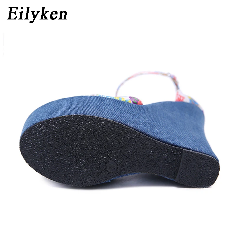 Eilyken Blue Print Denim Platform Wedges Women Sandals Sexy High Heels Buckle Strap Female Shoes Zapatos Mujer