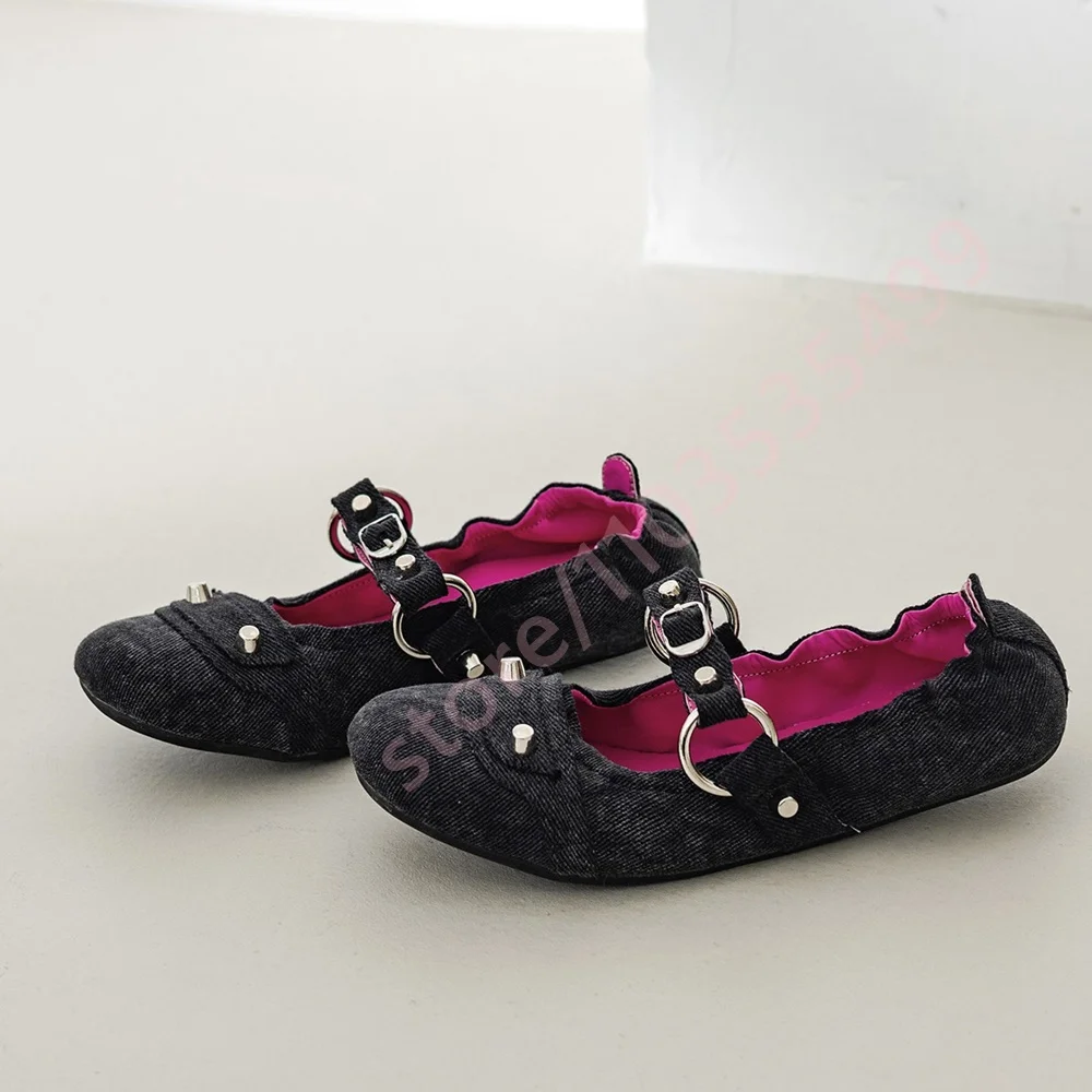 2026 New Fashion Black Denim Rivet Mary Jane Flats Women Double Buckle Strap Round Toe Pink Lining Y2K Streetwear Ballet Shoes