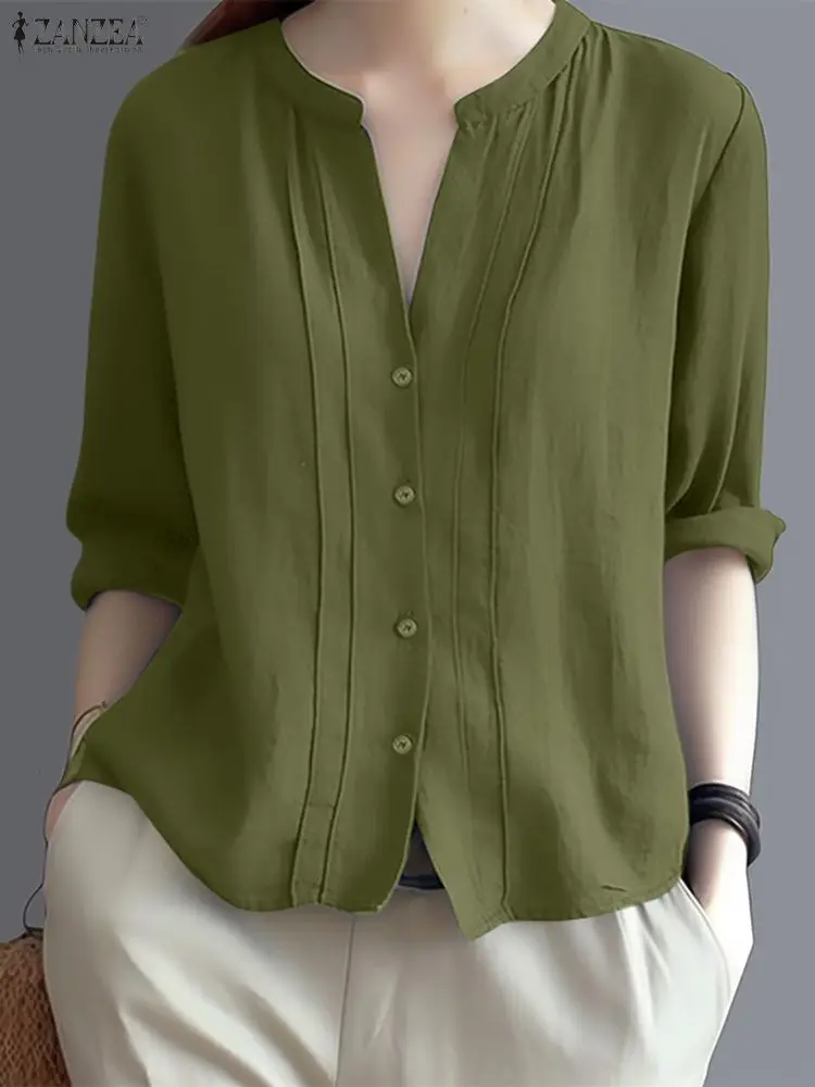 

ZANZEA Осенние однотонные рабочие рубашки OL Женская блузка Тренд 2025 Элегантная рубашка с v-образным вырезом и длинным рукавом Стильные повседневные топы на пуговицах Femme