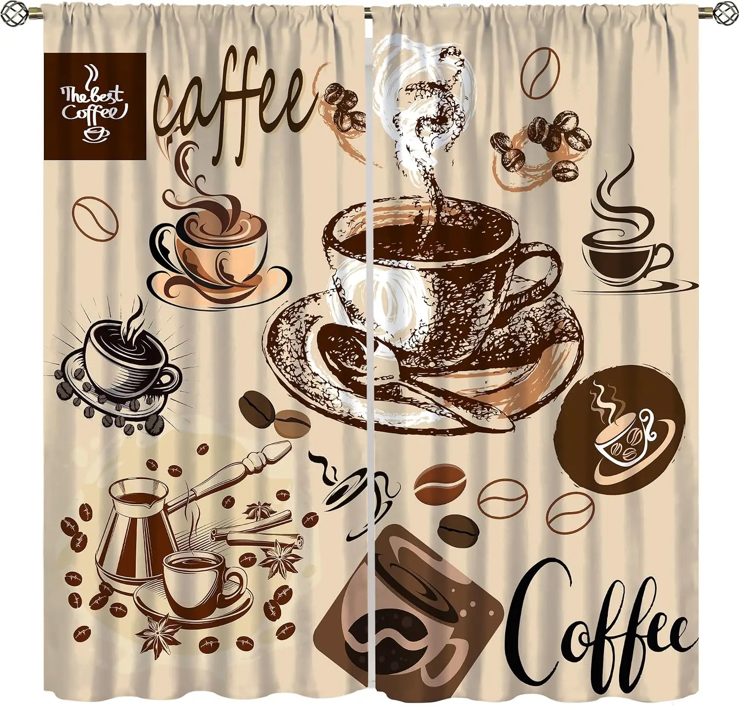Vintage Beige Background Coffee Tool Sketch Print Blackout Rod Pocket Curtain Warm Soft Zen Luxury Homestay Bedroom Rest Window