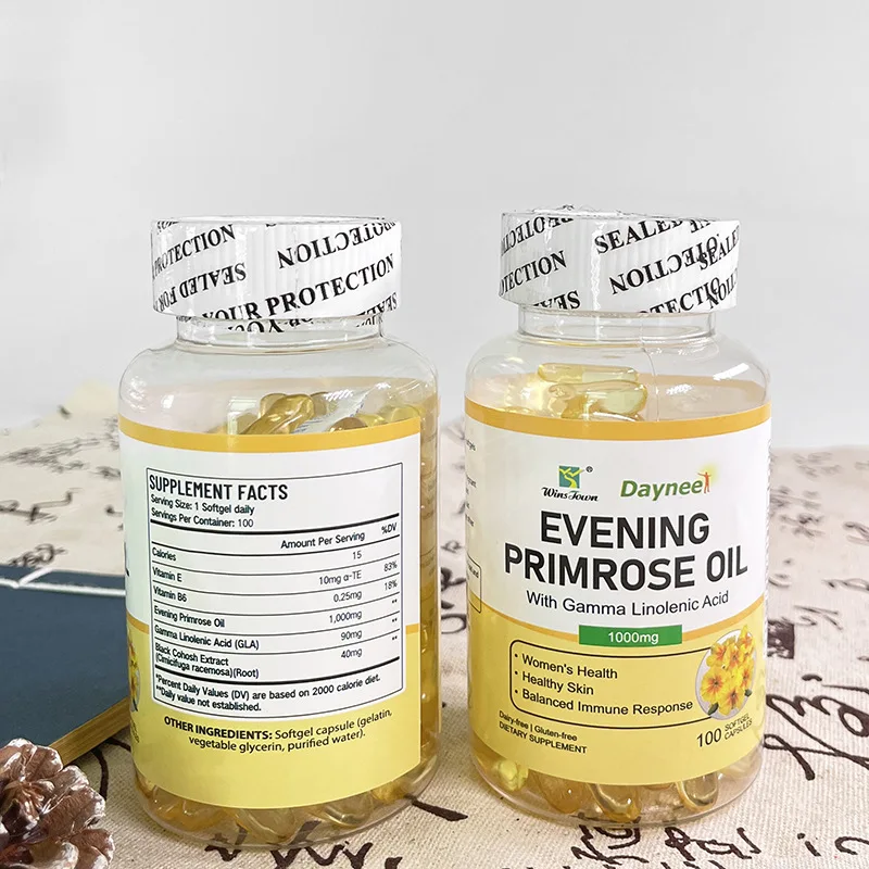 Evening primrose oil soft capsule enhances skin elasticity, promotes tissue repair, and is a health food