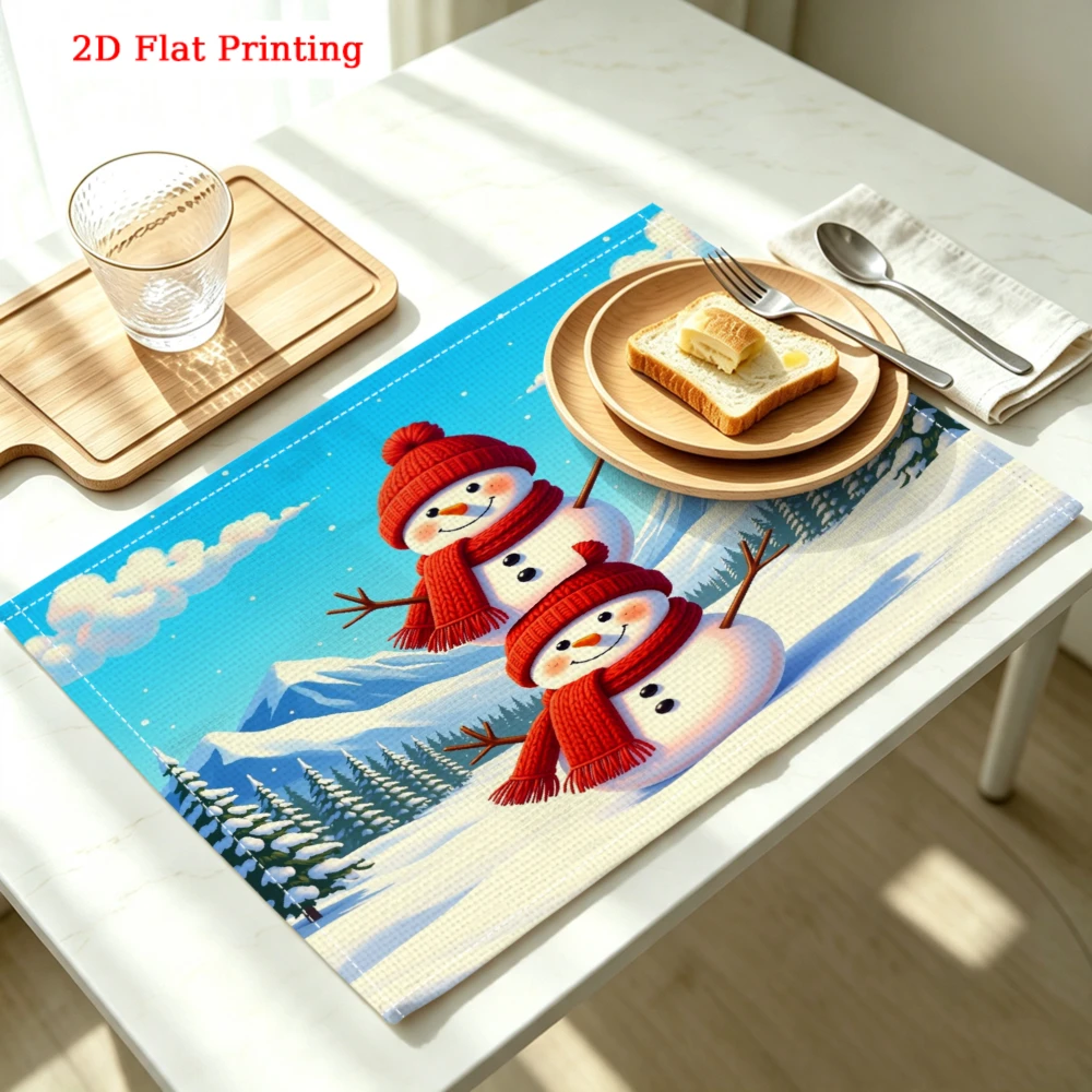 Two Snowmen Winter Scene Print Kitchen Placemat Coaster Linen Pad Dish Coffee Cup Table Mat 30x40cm Home Decor