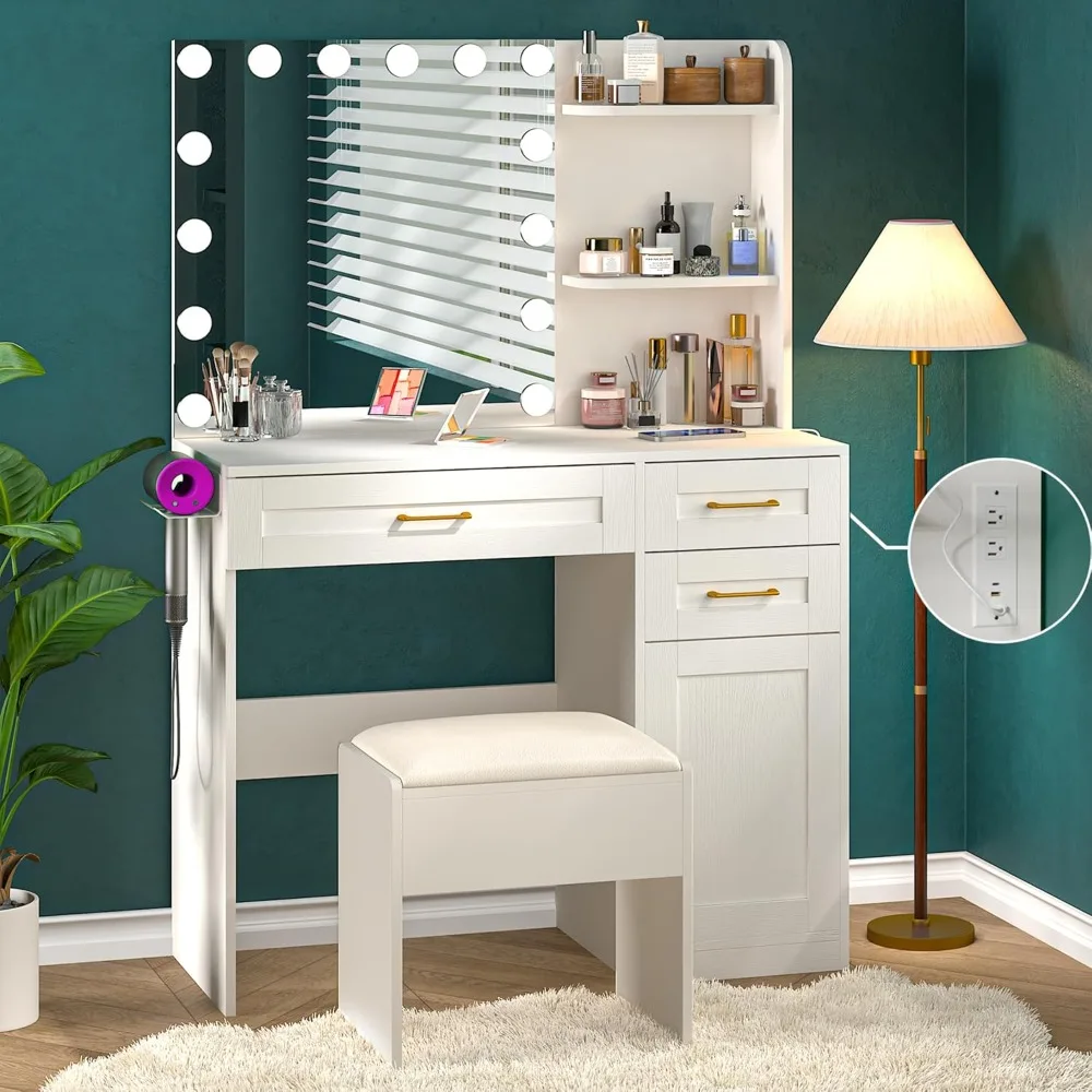 

Vanity Desk with Mirror and Lights, 37 inch Vanity Set with Storage Chair & Power Outlet, White Makeup Vanity with 3 Drawers