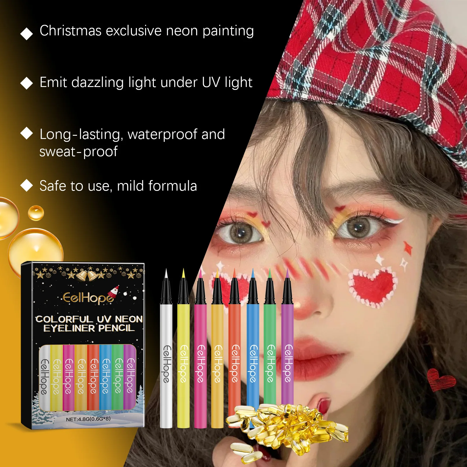 ฮาโลวีน Neon UV Liquid Eyeliner 8 สีกันน้ํา Long-Lasting Matte เรืองแสงแต่งหน้าสีสันอายไลเนอร์ปากกาเครื่องสําอาง