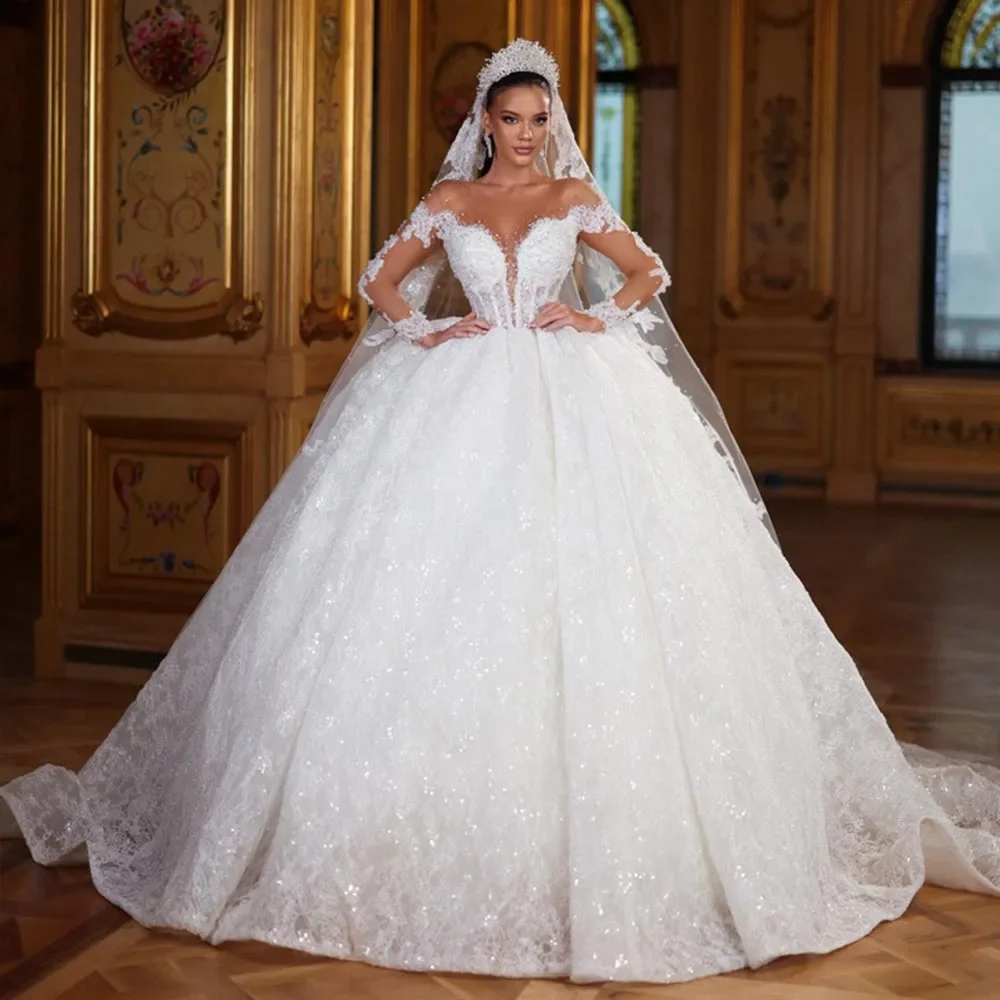 

Flavinke Customized Exquisite Long Sleeve Beads Crystal Sequins Lace Shiny Gorgeous Ball Gown Wedding Dresses Vestidos De Novia