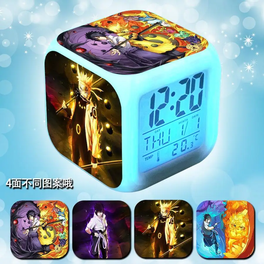 Anime Naruto Uchiha Sasuke Student Cartoon Creative Luminous Alarm Clock Colorful Luminous Temperature Display Alarm Clock