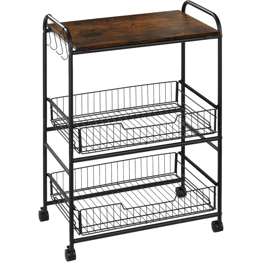 

3-Tier Rolling Kitchen Cart with Storage, Wheels, Sliding Baskets & Hooks for Dining Room in Brown